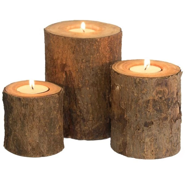Decor Popular Store 37 Vintiquewise Bark Wooden Pillar Tree Stump Tea Light Rustic Candle Holder , PK 3